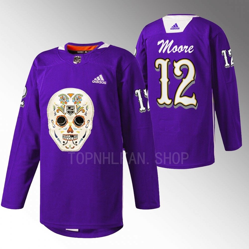 Trevor Moore LA Kings Dia De Los Metros Night Jersey Purple Sugar Skull warmup