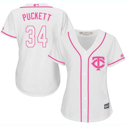 Twins #34 Kirby Puckett White Pink Fashion Women's Stitched MLB Jersey