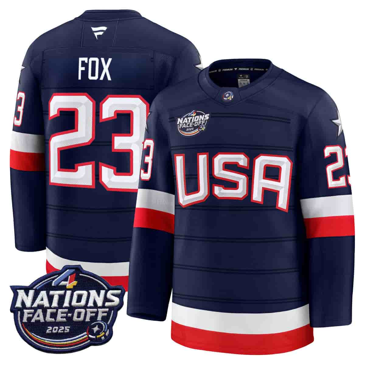 USA 4 Nations Face-Off 2025 Premium Jersey - All Stitched Adam Fox 23
