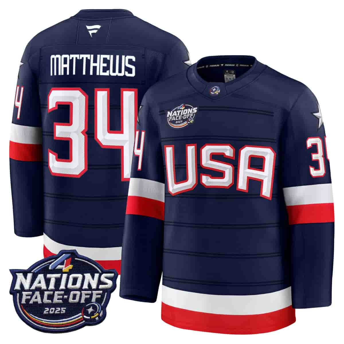 USA 4 Nations Face-Off 2025 Premium Jersey - All Stitched Auston Matthews 34