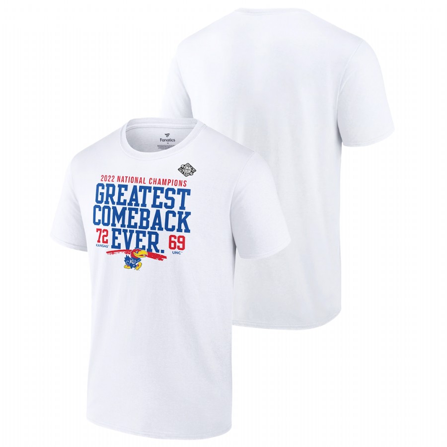 Unisex Kansas Jayhawks 2022 NCAA Men's Basketball National Champions Greatest Comeback Ever T-Shirt White