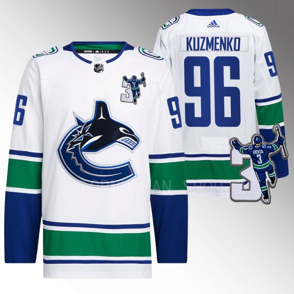 Vancouver Canucks Andrei Kuzmenko Kevin Bieska patch White Away Jersey