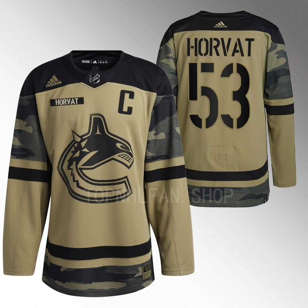 Vancouver Canucks Bo Horvat 2022 Armed Forces Green Camo Warm-up Jersey