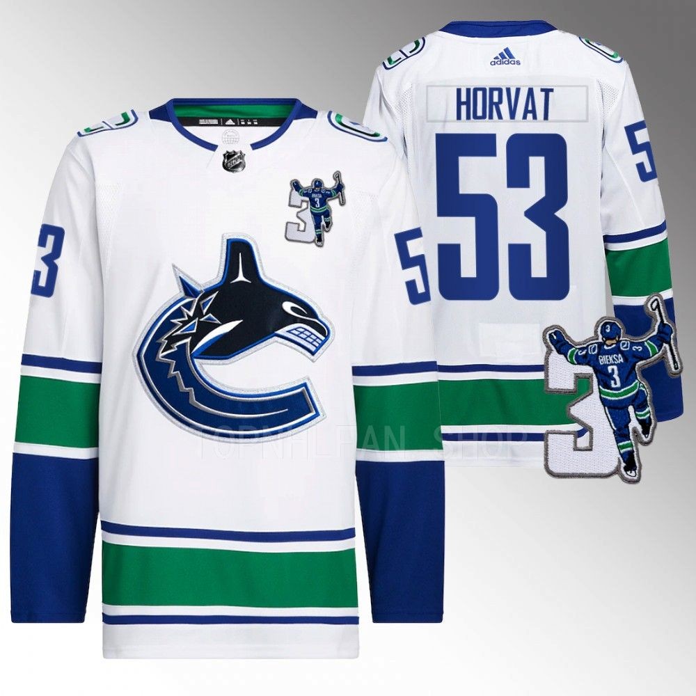 Vancouver Canucks Bo Horvat Kevin Bieska patch White Away Jersey