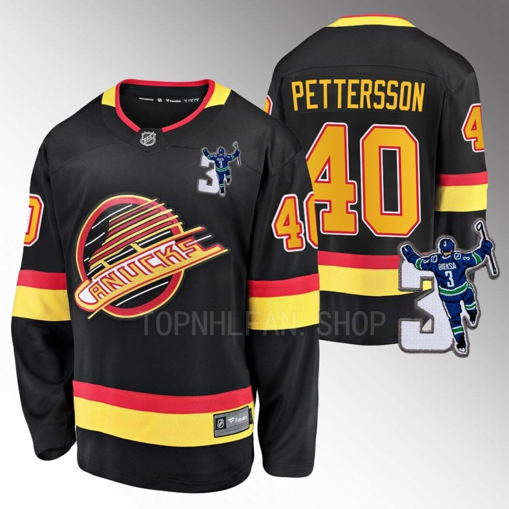 Vancouver Canucks Elias Pettersson Kevin Bieska patch Black Throwback Jersey