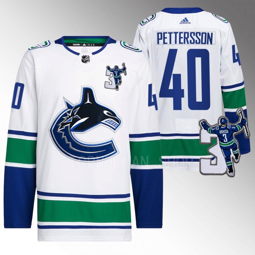 Vancouver Canucks Elias Pettersson Kevin Bieska patch White Away Jersey
