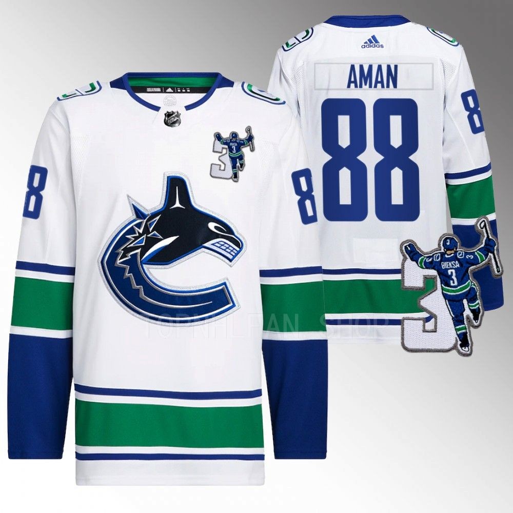 Vancouver Canucks Nils Aman Kevin Bieska patch White Away Jersey