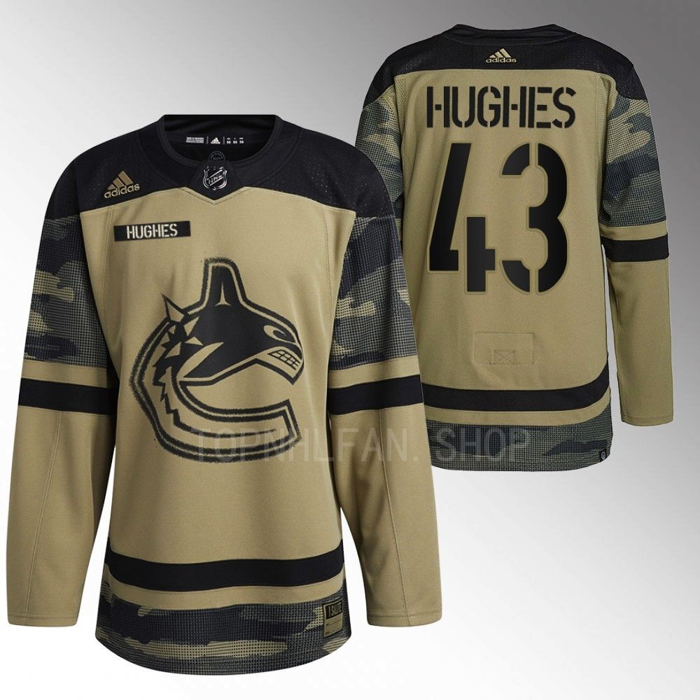 Vancouver Canucks Quinn Hughes 2022 Armed Forces Green Camo Warm-up Jersey
