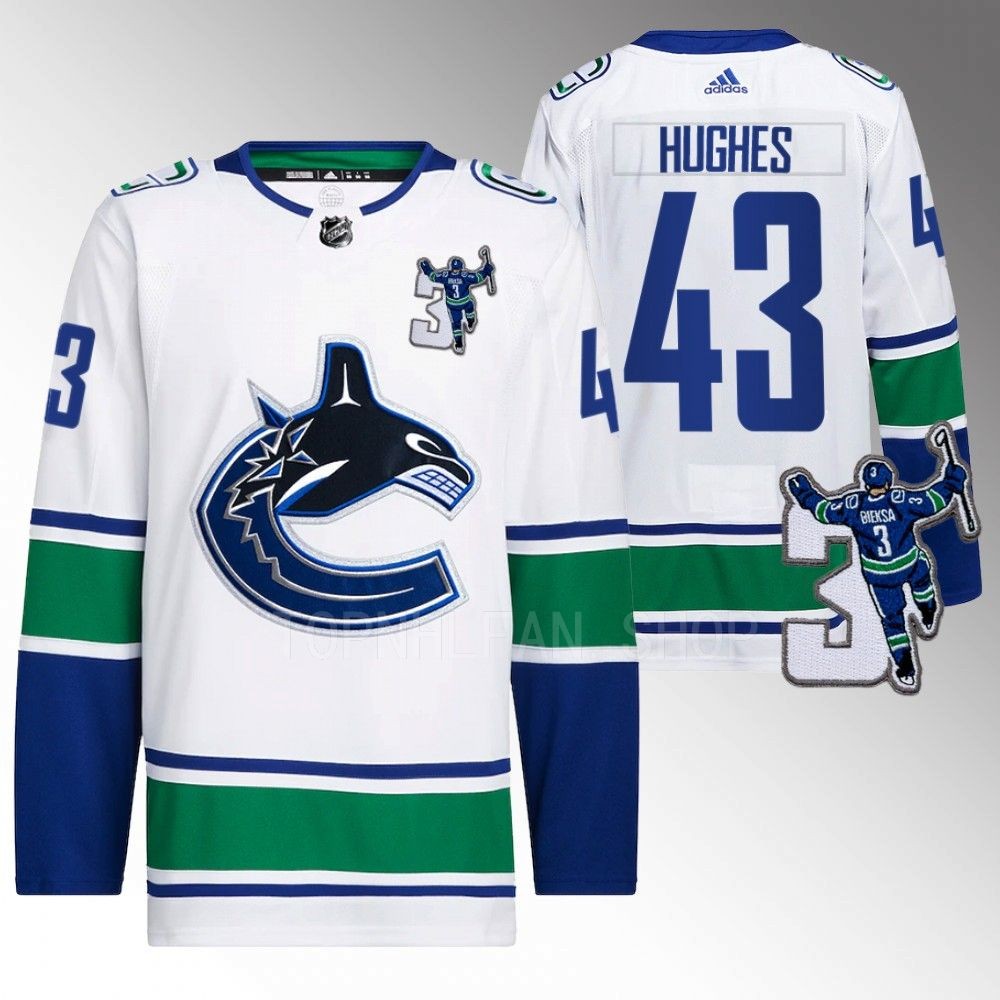Vancouver Canucks Quinn Hughes Kevin Bieska patch White Away Jersey