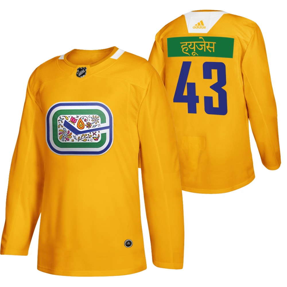 Vancouver Canucks Quinn Hughes Yellow Diwali Night Hindi Limited Jersey