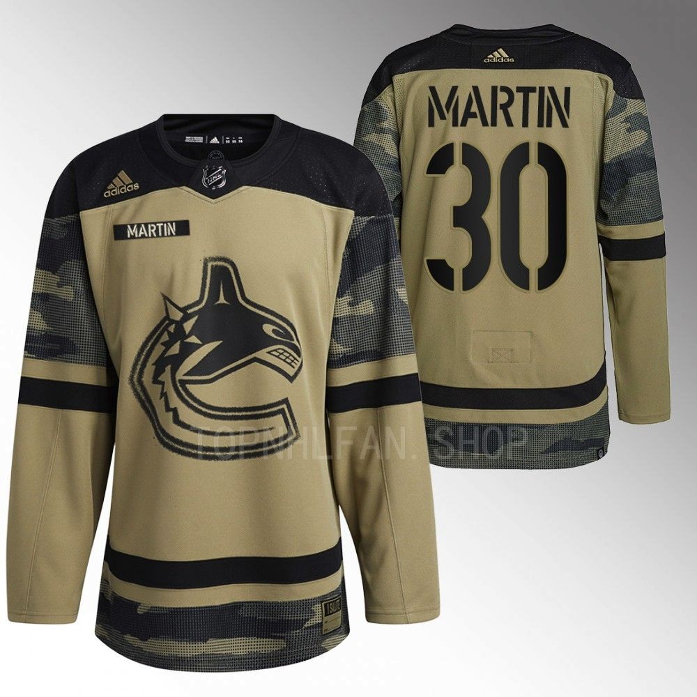 Vancouver Canucks Spencer Martin 2022 Armed Forces Green Camo Warm-up Jersey