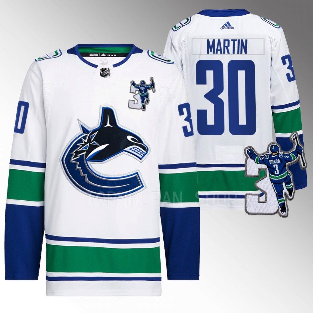Vancouver Canucks Spencer Martin Kevin Bieska patch White Away Jersey