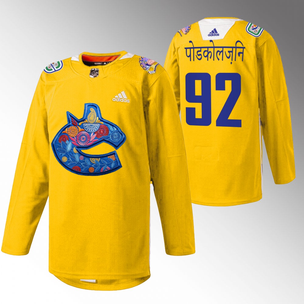 Vasily Podkolzin Canucks Diwali Night Jersey Yellow Warmup