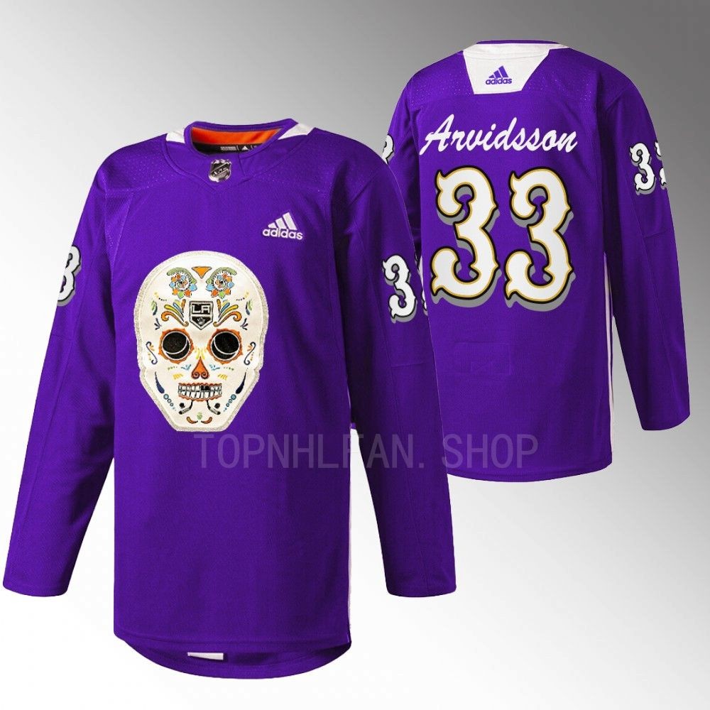 Viktor Arvidsson LA Kings Dia De Los Metros Night Jersey Purple Sugar Skull warmup