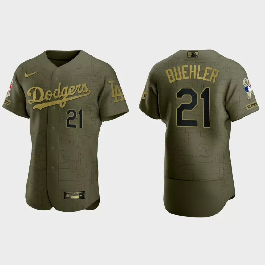 Walker Buehler Los Angeles Dodgers 2021 Salute to Service Digital Camo Jersey – Green