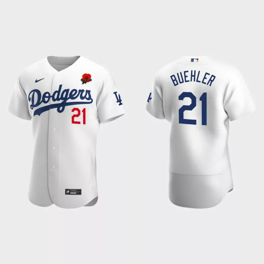 Walker Buehler Los Angeles Dodgers 2022 Memorial Day Poppy Patch Authentic Jersey – White