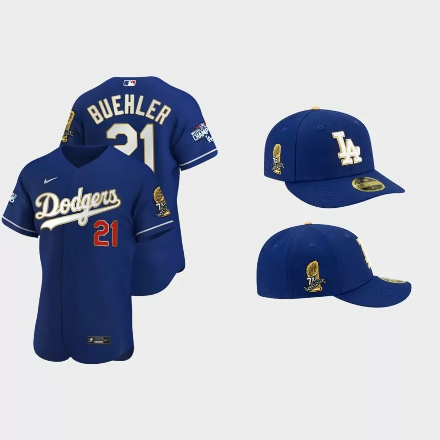 Walker Buehler Los Angeles Dodgers 7X Champs Trophy Jersey Cap Jersey – Royal