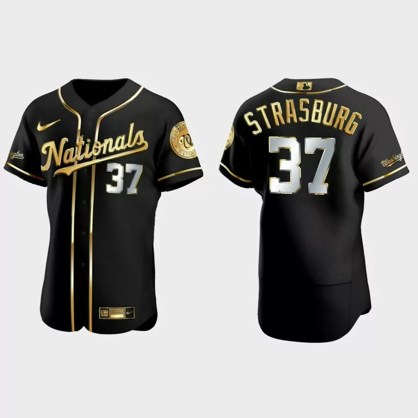 Washington Nationals #37 Stephen Strasburg Gold Edition Authentic Jersey – Black
