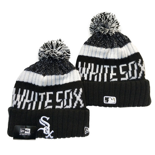 White Sox Team Logo Black Pom Knit Hat YD