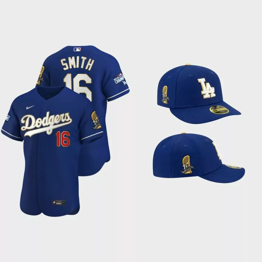 Will Smith Los Angeles Dodgers 7X Champs Trophy Jersey Cap Jersey – Royal