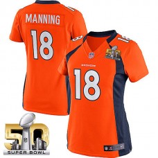 Women 2016 Super Bowl 50 Denver Broncos #18 Peyton Manning Orange Game Jersey