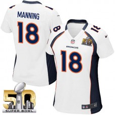 Women 2016 Super Bowl 50 Denver Broncos #18 Peyton Manning White Game Jersey