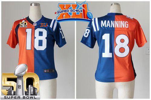 Women's  Nike Colts #18 Peyton Manning Orange Blue Super Bowl XLI & Super Bowl 50 Stitched NFL Elite Split Broncos Jersey