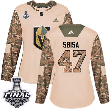 Women's Adidas Golden Knights #47 Luca Sbisa Camo Authentic 2017 Veterans Day 2018 Stanley Cup Final Women's Stitched NHL Jersey