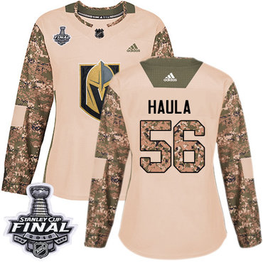 Women's Adidas Golden Knights #56 Erik Haula Camo Authentic 2017 Veterans Day 2018 Stanley Cup Final Women's Stitched NHL Jersey