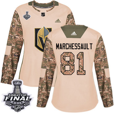 Women's Adidas Golden Knights #81 Jonathan Marchessault Camo Authentic 2017 Veterans Day 2018 Stanley Cup Final Women's Stitched NHL Jersey