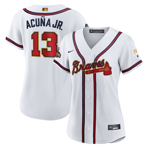 Women's Atlanta Braves #13 Ronald Acu?a Jr 2022 White Gold World Series Champions Program Stitched Jersey(Run Small)
