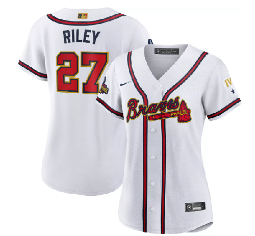 Women's Atlanta Braves #27 Austin Riley 2022 White Gold World Series Champions Program Stitched Jersey(Run Small)