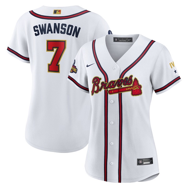 Women's Atlanta Braves #7 Dansby Swanson 2022 White Gold World Series Champions Program Stitched Jersey(Run Small)