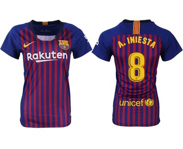 Women's Barcelona #8 A.Iniesta Home Soccer Club Jersey