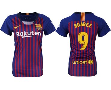 Women's Barcelona #9 Suarez Home Soccer Club Jersey