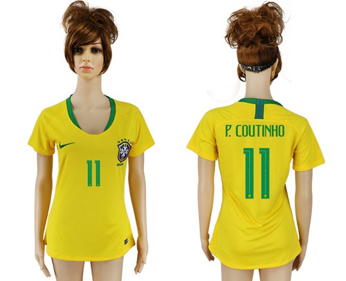 Women's Brazil #11 P.Coutinho Home Soccer Country Jersey