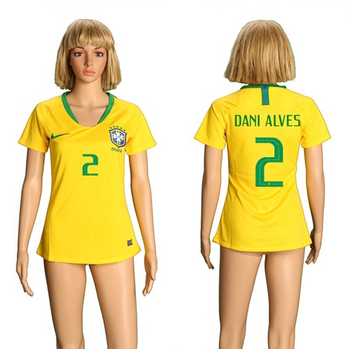 Women's Brazil #2 Dani Alves Home Soccer Country Jersey