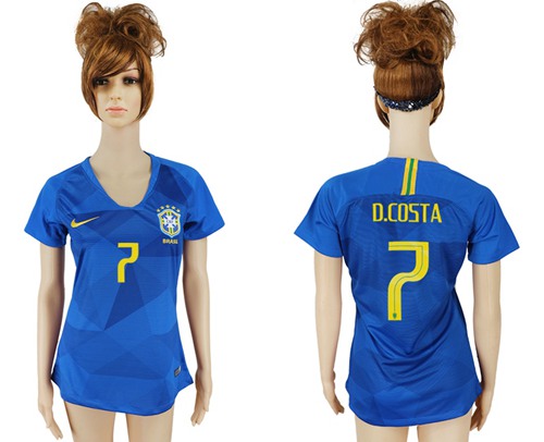 Women's Brazil #7 D. Costa Away Soccer Country Jersey