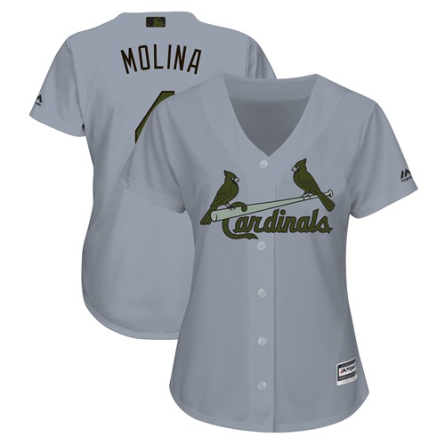 Women's Cardinals #4 Yadier Molina Grey 2018 Memorial Day Cool Base Women's Stitched Baseball Jersey