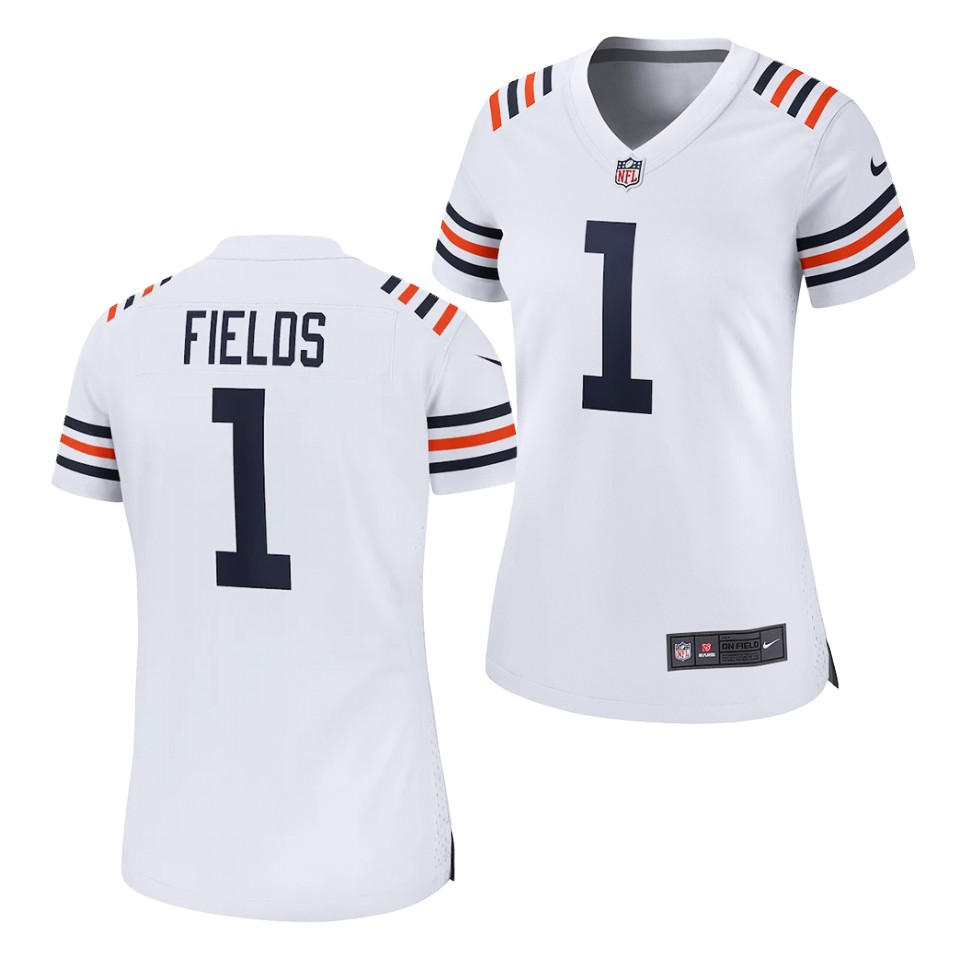 Women's Chicago Bears #1 Justin Fields Nike White 100th Season Alternate Classic Limited Jersey