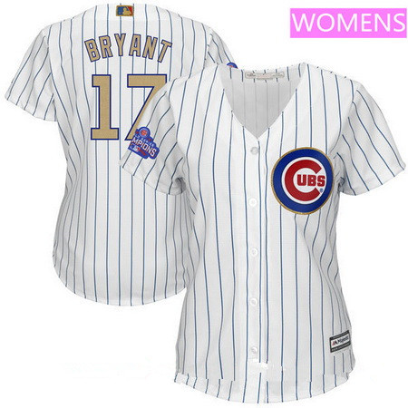 Women's Chicago Cubs #17 Kris Bryant White World Series Champions Gold Stitched MLB Majestic 2017 Cool Base Jersey的副本