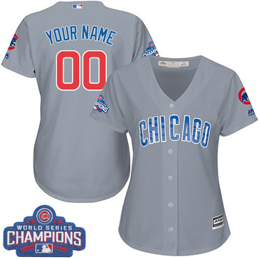 Women's Customized MLB Majestic Road Chicago Cubs 2016 World Series Champions Cool Base Grey Jersey