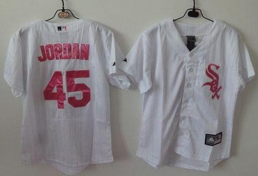 Women's Fashion Chicago White Sox #45 Michael Jordan White(Pink Strip)Baseball Jersey