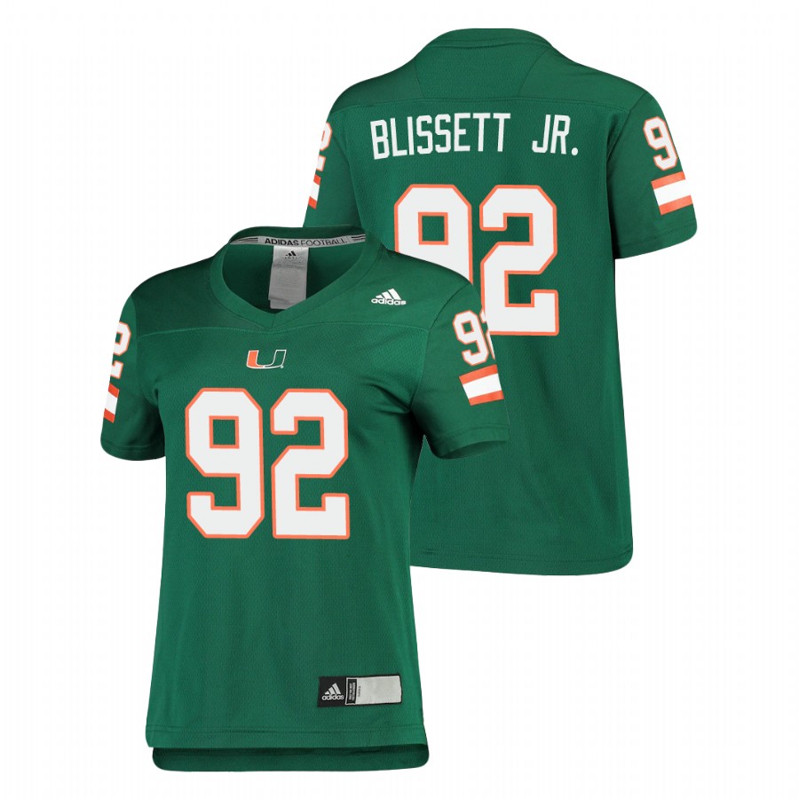 Women's Green Miami Hurricanes Jason Blissett Jr. Replica Football Jersey Women's Jersey Miami Hurricanes Green Jason Blissett Jr. Replica Football Jersey