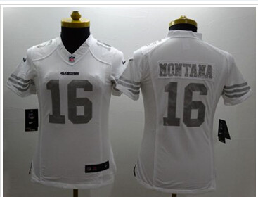 Women's NEW 49ers #16 Joe Montana White NFL Limited Platinum Jersey