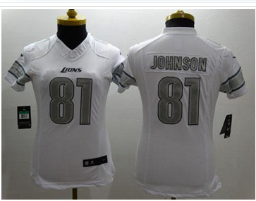 Women's NEW Lions #81 Calvin Johnson White Stitched NFL Limited Platinum Jersey