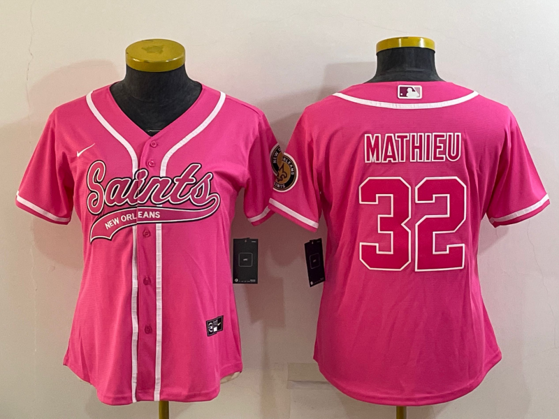 Women's New Orleans Saints #32 Tyrann Mathieu Pink With Patch Cool Base 