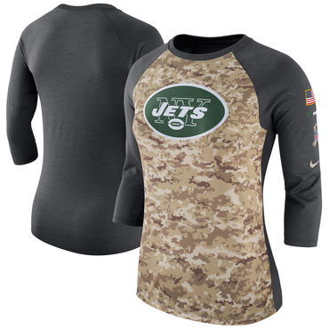 Women's New York Jets Nike Camo Charcoal Salute To Service Legend Three-Quarter Raglan Sleeve T Shirt