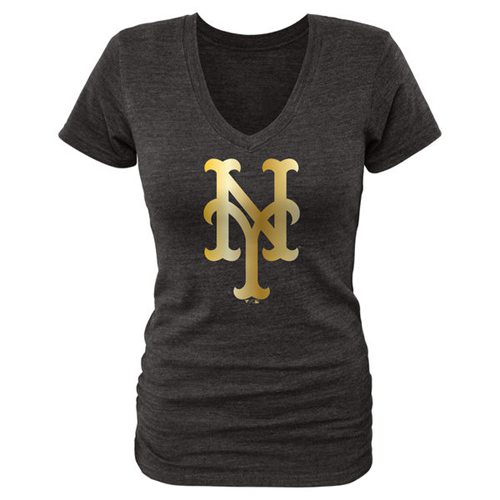 Women's New York Mets Fanatics Apparel Gold Collection V-Neck Tri-Blend T-Shirt Black