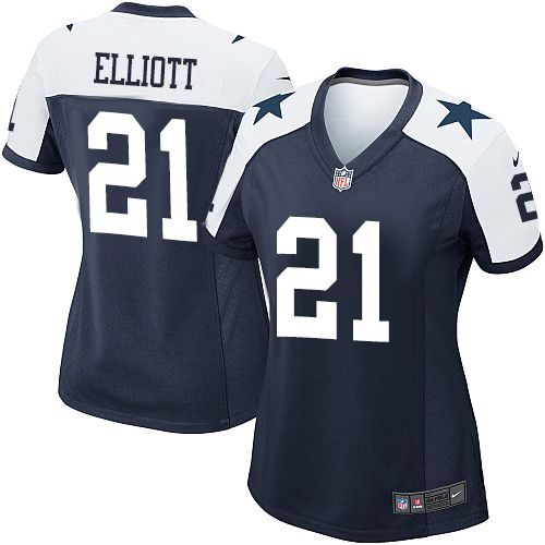 Women's Nike Cowboys #21 Ezekiel Elliott Navy Blue Thanksgiving Stitched NFL Throwback Elite Jersey